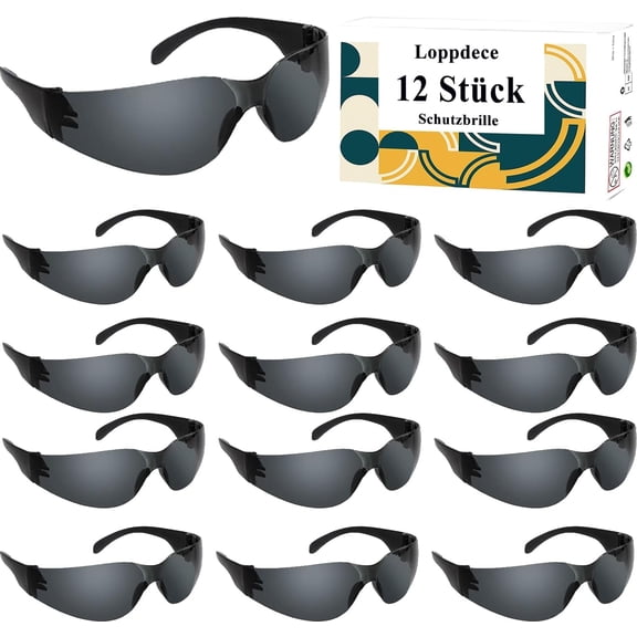 12-er Pack Schutzbrillen, Schutzbrille mit Anti-Beschlag und Kratzbeständigen Gläsern, Arbeitsschutzbrille Für Werkstatt Fahrrad-Fahren Joggen, Unisex, Linsen Getönt/Schwarz-Grau