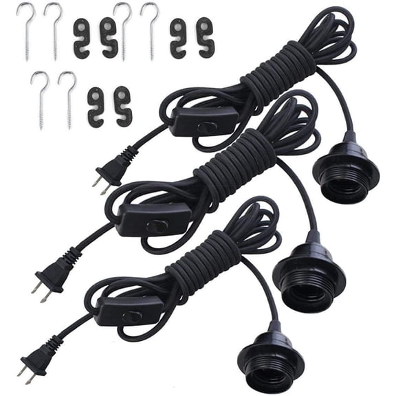 12 ft Extension Hanging Lantern Pendant Light Lamp Cord Cable with On/Off Switch E26/E27 Socket Cable,3 Pack,Black