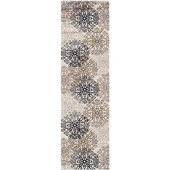 12 ft. Floral Medallion Stain Resistant Runner Rug, Tan, Gray & Black