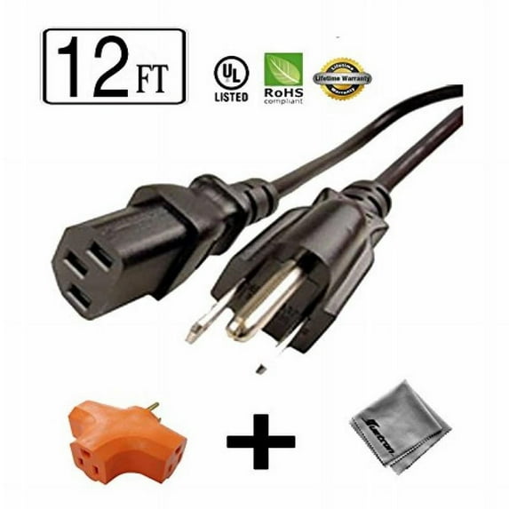 12 ft Long Power Cord for HP Photosmart C5183 All-in-One + Outlet Grounded Power Tap