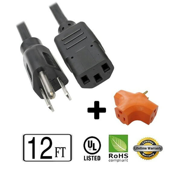 12 ft Long Power Cord for Panasonic 19MD357B/37 + 3 Outlet Grounded Power Tap
