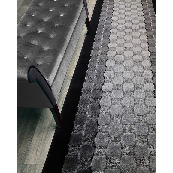 12 ft Long Washable Carpet Runner Rug with Rubber Backing, Custom Floor Mat for Kitchen Hallway Stairs Bedroom Bathroom Entryway, Checkered Black - Grey, Your Choice of Length