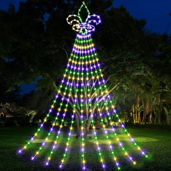 12 ft Mardi Gras Waterfall String YANTONs Yellow Green Purple Fleur De Lis Mardi Gras Outdoor Decorations 297 LEDs Waterfall YANTONs for Tree Garden Patio Yard Party Decor(Fleur De Lis Style)