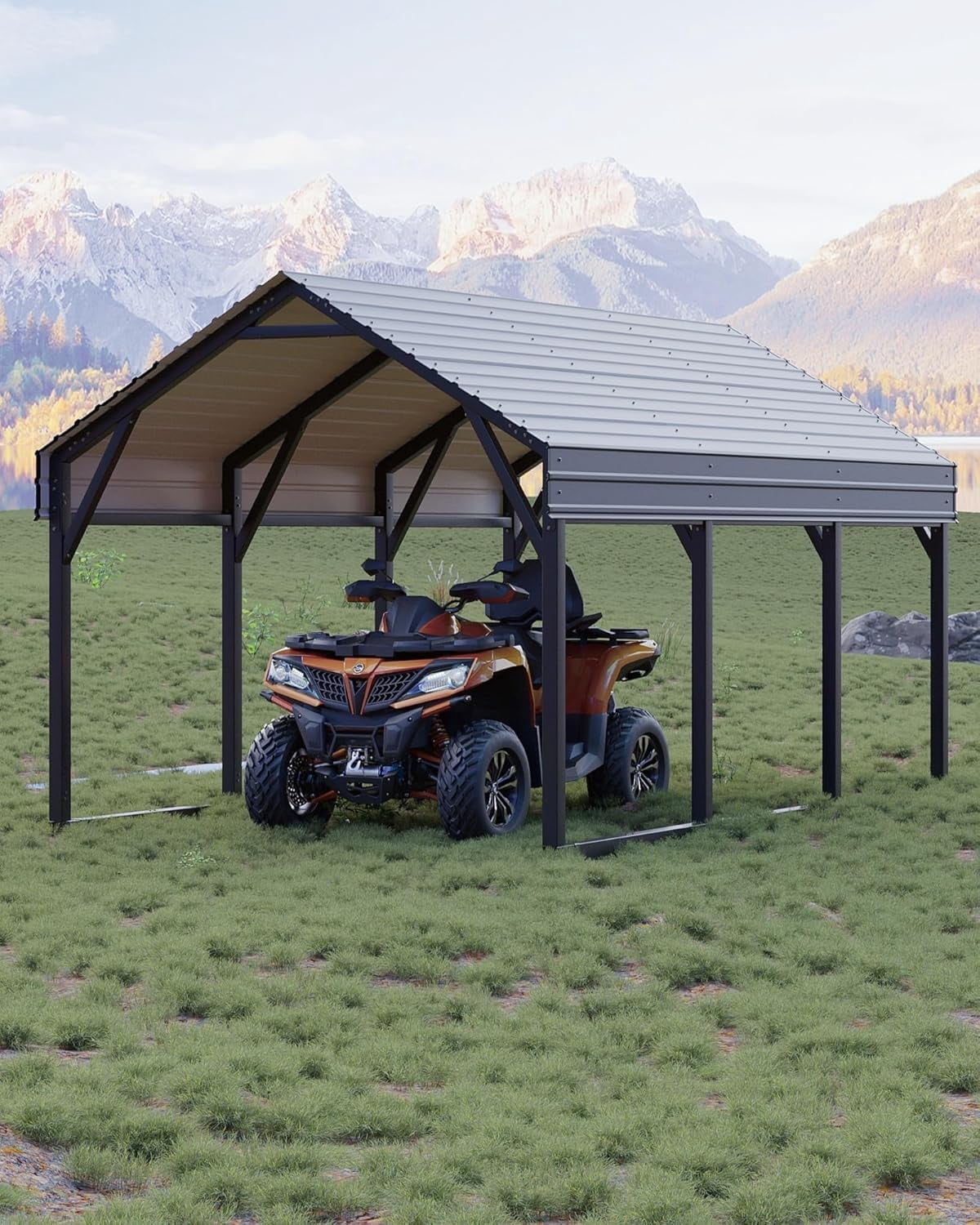 12 ft x 13 ft Metal Carport Shed with Reinforced Frame & Steel Roof, All-Weather Permanent Shelter for Cars, Motorcycles, ATVs & Boats