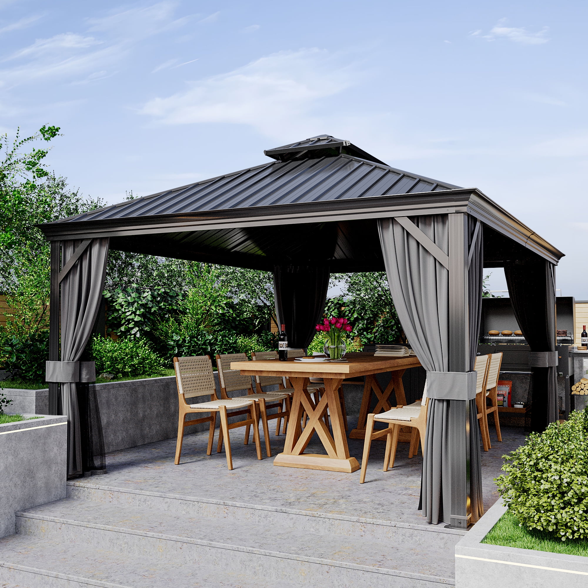 12 ft x 16 ft Black Aluminum Patio Gazebo with Gray Curtains