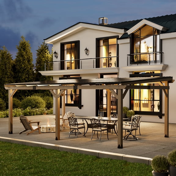 Mondawe 12 x 20 FT Cedar Wood Gazebo with Metal Hardtop, Large Outdoor Grill Canopy with Sloped Roof, Heavy Duty Pergola for Patio, Backyard, Garden