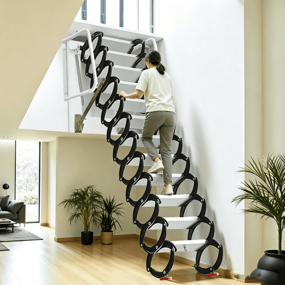 Wall-Mounted Folding Staircase, 12 Steps Black & White Splicing Loft Ladder with Non-Slip Treads for Basement