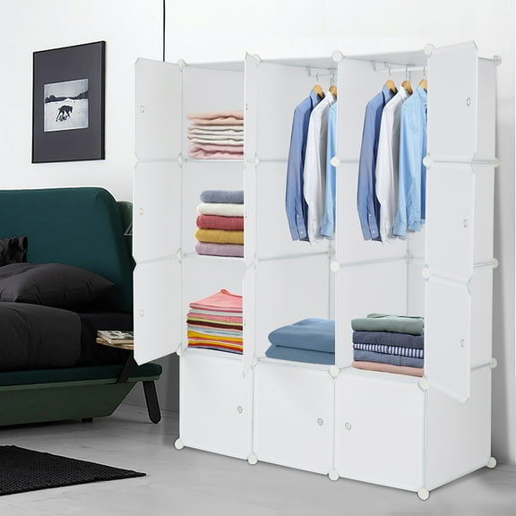 12-grid storage box, stackable plastic cube storage rack, multifunctional modular design, wardrobe with hanging rod white