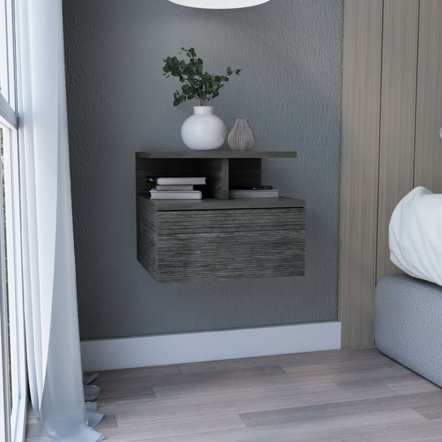 12"h Floating Nightstand, Oak, With Single Drawer And 2 Ramie Nightstand 12"h, Backpack