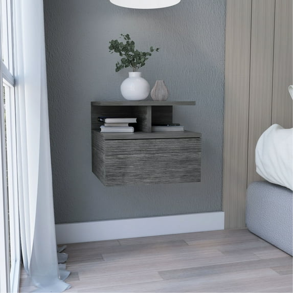 12"h Oak Floating Nightstand, With Single Drawer And 2 Suitcase Finish, & Tray