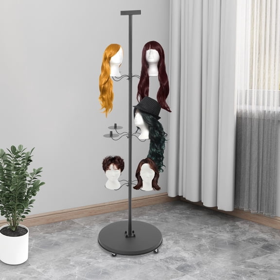 12-head Wig Holder Black Wig Head Stand Wig Display& Storage Rack 19.69*70.08in For Hair Salons And Art Galleries