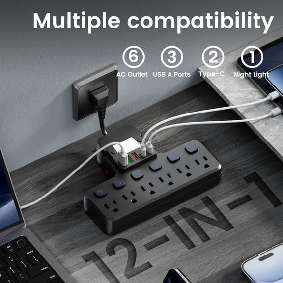 12-in-1 Adjustable Desk Lamp Power Strip with Surge Protector, 6 AC Outlets & 5 USB Ports (3A+2C), On/Off Switch, Overload Protection, for Home Office Travel, Black/White