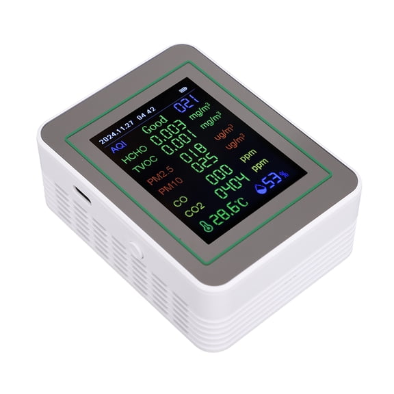 12-in-1 Air Quality Monitor and Multi-Functional Gas Detector with 2.8-Inch Color Screen, Real-Time Data and Trend Graph for TVOC HCHO CO2 CO PM2.5 Temperature Humidity, White / 3.54 x 2.76 in
