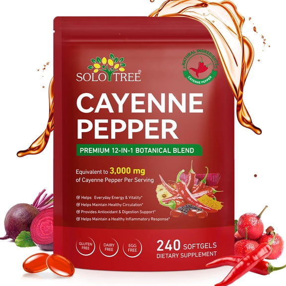 12-in-1 Cayenne Pepper Softgels, Vitality & Antioxidant Support, Healthy Circulation & Digestion, with Vitamin D3+K2, Grape Seed Oil, Turmeric, Cinnamon, Berberine & Beet Root, 240 Count