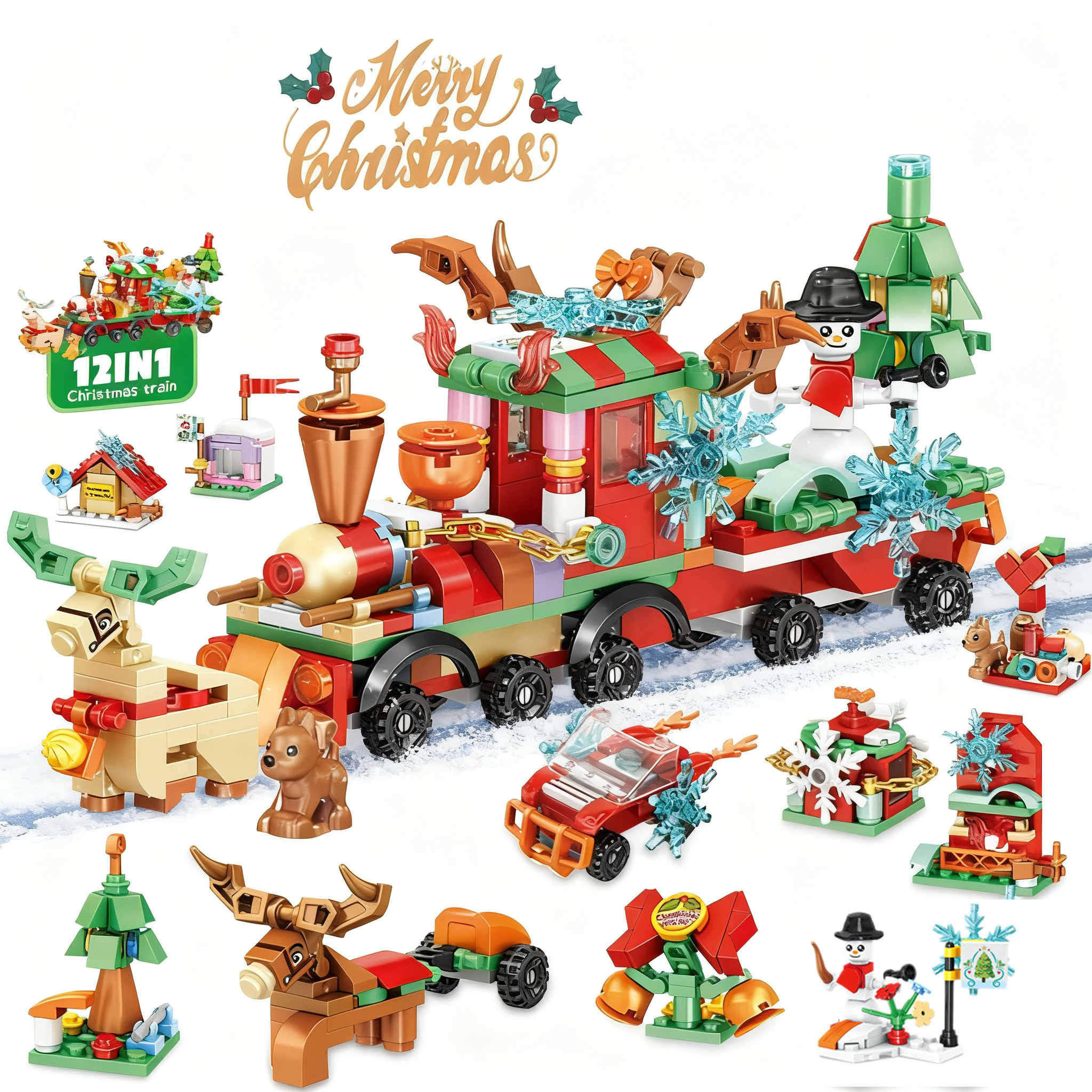 12-in-1 Christmas Train Building Block Set for Adults, 300Pieces Mini ...