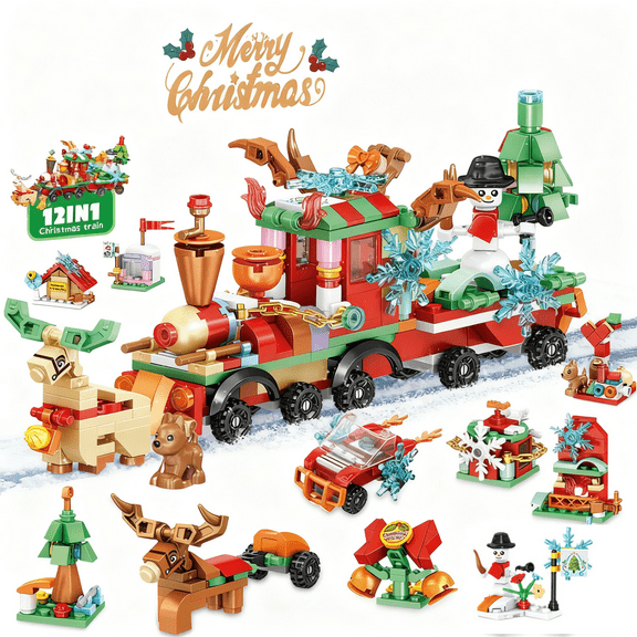 12-in-1 Christmas Train Building Block Set for Adults, 300Pieces Mini Building Blocks with Reindeer & Snowman for Kids Christmas Birthday Gifts
