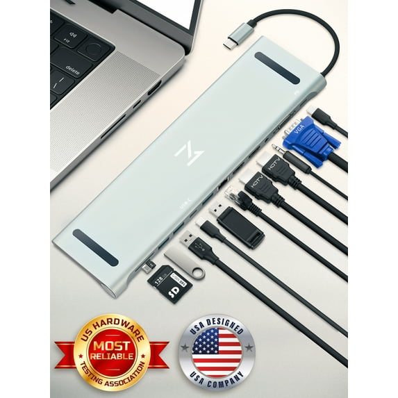 12-in-1 Docking Station, Universal Multiport Dock W/ USB-C 3.0 & PD 3.0, C Dongle, Audio Jack, SD/TF, VGA & 2 Ports for Monitors, Latest Specs Supported by Mata1