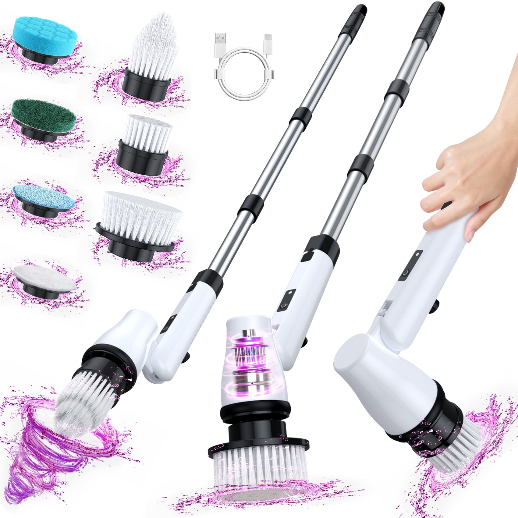12-in-1 Electric Cleaning Brushes,Shower Scrubber with Adjustable Extension Arm, 2 Spin Speeds ...