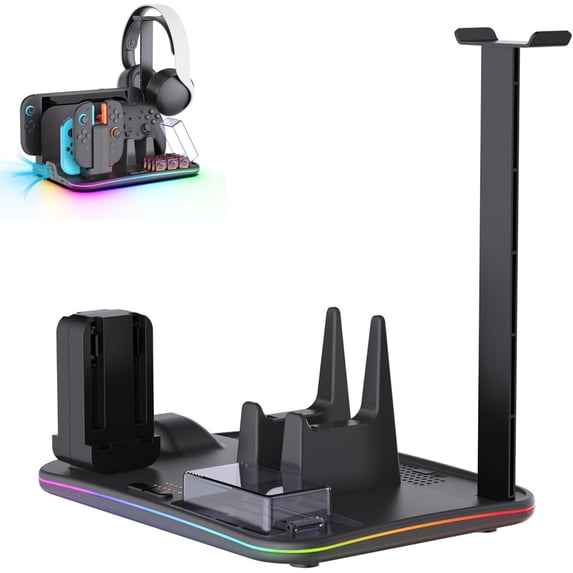 12-in-1 Gaming Console Charging Dock with Cooling Fan – Multifunction Stand with RGB Lighting, 4-Controller Charging, 12 Game Card Storage, USB Expansion Ports, Headset & Accessory Holder