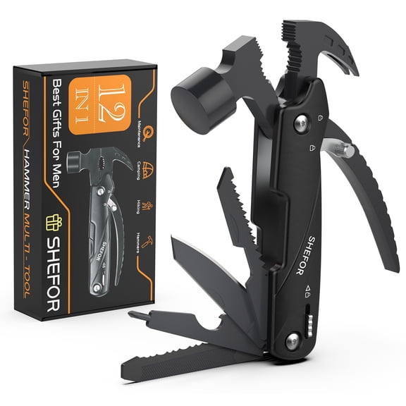 12 in 1 Hammer Multi-tool, Multi Purpose Tool with Safety Lock, Gifts for Men, for Outdoor, Camping, Hiking, Christmas Presents Stocking Stuffers