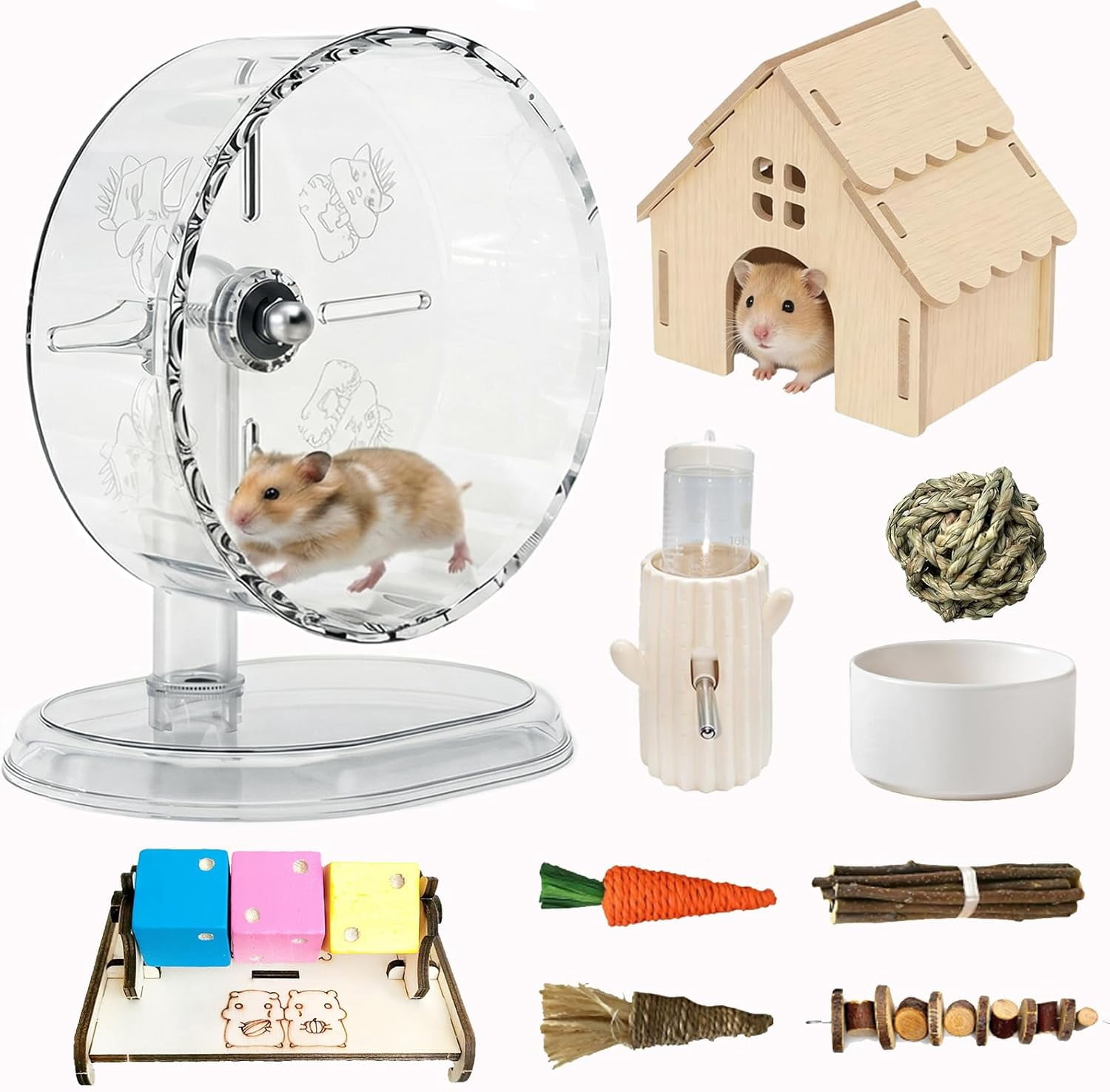 12-in-1 Hamster Cage Accessories Kit with Silent Exercise Wheel, Wooden Hideout, Water Bottle, Ceramic Bowl & Chew Toys for Dwarf & Syrian Hamsters