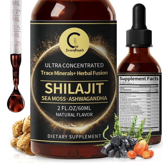 12-in-1 Himalayan Shilajit Drops for Men and Women, Sea Moss,Ashwagandha, Liquid Vitamin Supplement with 85+ Minerals and Fulvic Acid, 2 FL Oz
