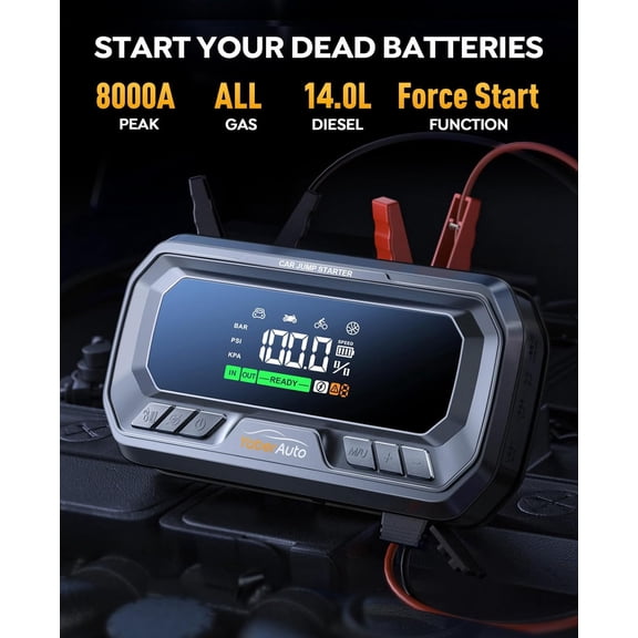 12-in-1 Jump Starter with Air Compressor 8000A 160PSI 65W Charging, Portable Car Battery Jump Starter (All Gas/14L Diesel) Jump Box Car Battery Jumper Starter Portable Jumper Cables, 160W DC