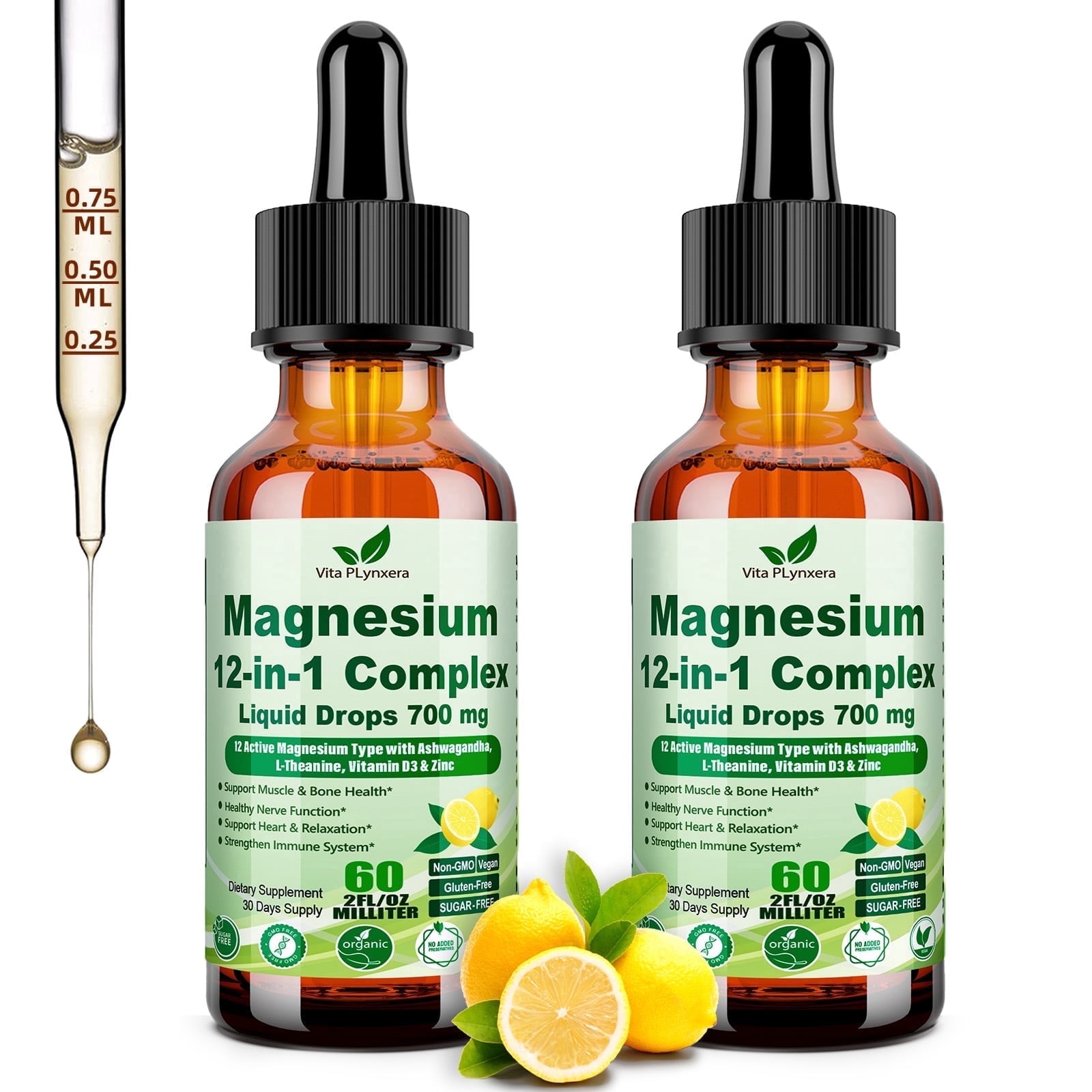 2Pack 12-in-1 Magnesium Complex Liquid Drops, Chelated Magnesium Citrate Glycinate Taurate Malate Aspartate w. Ashwagandha Theanine D3 & Zinc for Relaxation Sleep Immune Health & Muscle Function