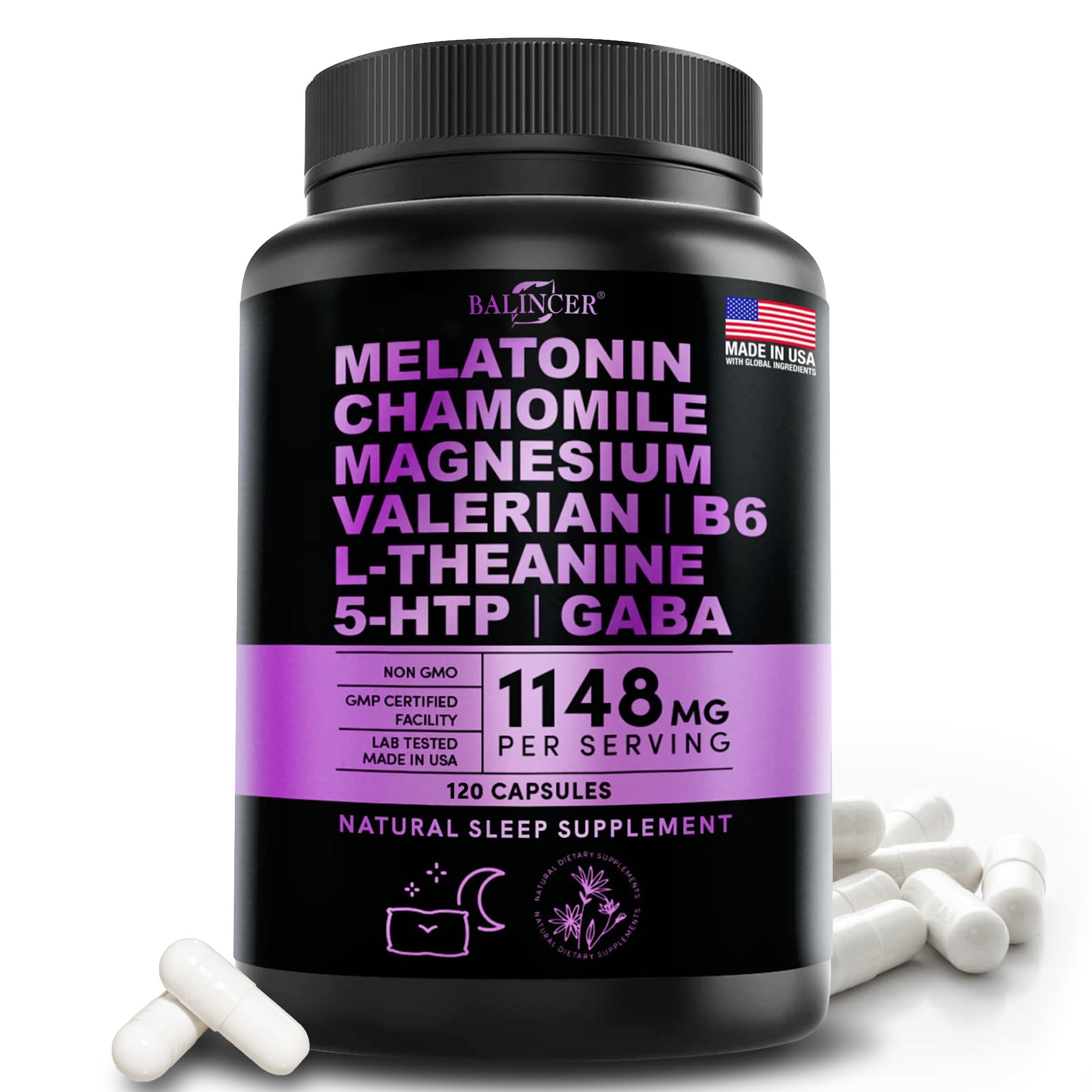 12-in-1 Melatonin Capsules - Melatonin 5mg Natural Sleep Aids for Adults - Magnesium Glycinate 500mg, Ashwagandha, L Theanine, Valerian Root, GABA, 5-HTP, Sleep Supplement for Adults