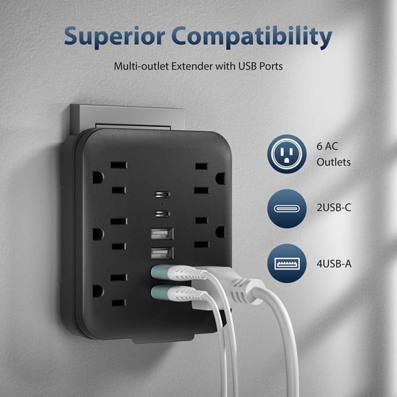 12-in-1 Mini Portable Power Strip, 6 AC Outlets, 4 USB-A & 2 USB-C Ports, Durable Multi-Socket Wall Outlet Extender, Compact Charging Adapter for Travel Office Home