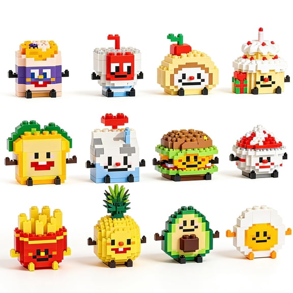 12-in-1 Mini Sets Party Favors, Happy Food Building Blocks Gift Box, Fruit & Cake Building Blocks Food Sets, Mini Food Toys for Adults Home Decor Party