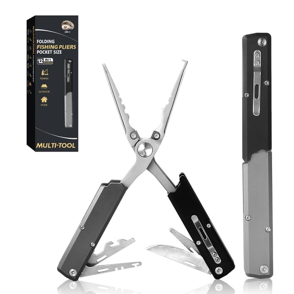 12-in-1 Pen-Sized Folding Fishing Pliers, Titanium Coated Marine-Grade Stainless Steel Professional Saltwater Tool with Braid Cutter, Hook Remover & Split Ring Tool, Fishing Gear Gift for Men