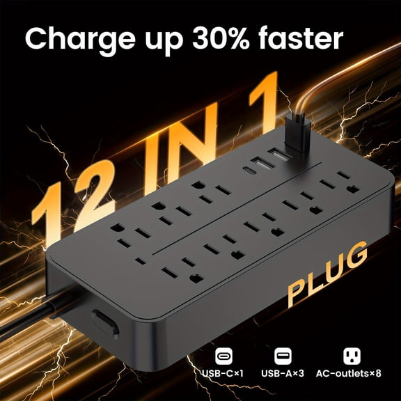 12-in-1 Power Strip with Surge Protector - 8 AC Outlets and 4 USB Ports (1 USB-C) | Flat Plug, Space-Saving Design, Suitable for Home, School and Office