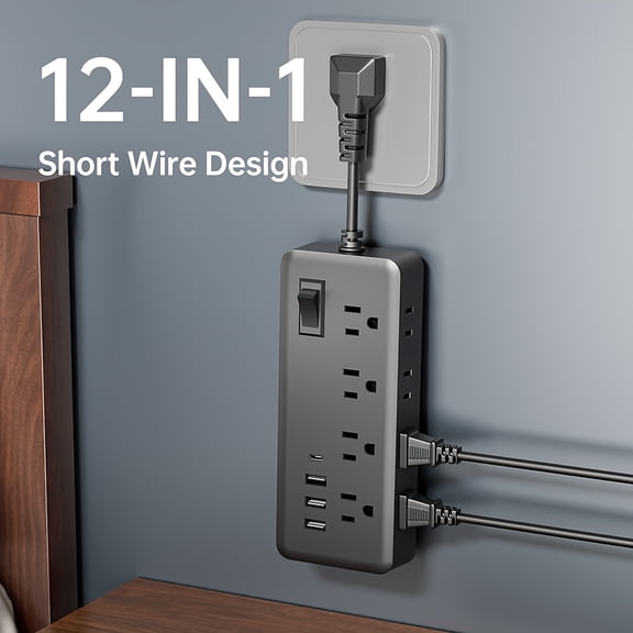 12-in-1 Power Strip with 8 AC Outlets, 3 USB Ports, 1 Type-C, Surge & lightning Protection, Master Switch, Short Cord for Home Office