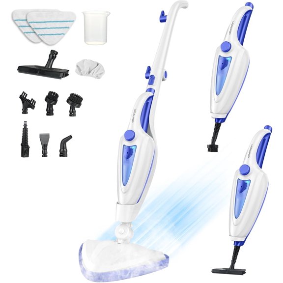 12-in-1 Steam Mop, Fast 15-Sec Heat-Up, 1500W Detachable Handheld Steam Cleaner with 2 Dirt Grip Pads, Removes 99.99% Stubborn Stains for Hardwood Floors, Clothes, Windows, Tiles, Furniture, White