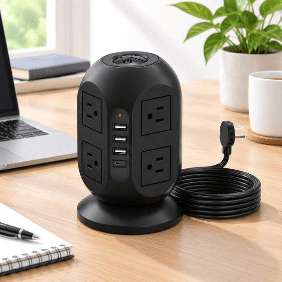 12-in-1 Surge Protector with 8 AC Outlets, 4 USB Ports (1 USB-C), 10 Ft Flat Extension Cord, Black-C