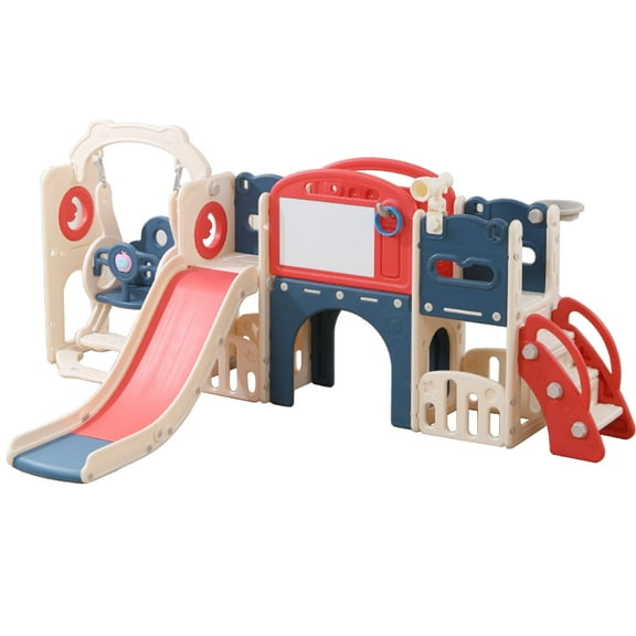 12-in-1 Toddler Playset with Slide & Swing - Freestanding Indoor/Outdoor Climber, Crawl Tunnel for 1-6 Year Olds, Safe Baby Playground，Red