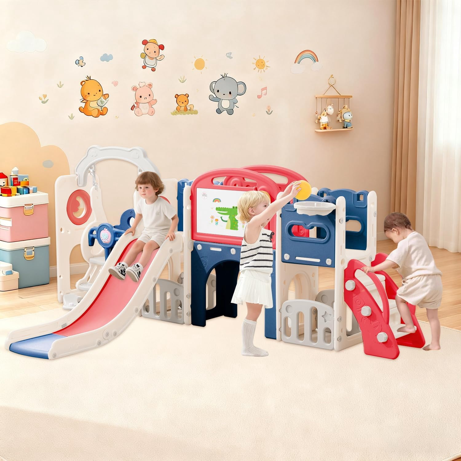 12-in-1 Toddler Playset with Slide & Swing - Freestanding Indoor/Outdoor Climber, Crawl Tunnel for 1-6 Year Olds, Safe Baby Playground，Red