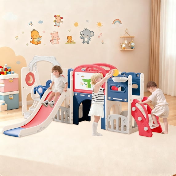 12-in-1 Toddler Playset with Slide & Swing - Freestanding Indoor/Outdoor Climber, Crawl Tunnel for 1-6 Year Olds, Safe Baby Playground,Red