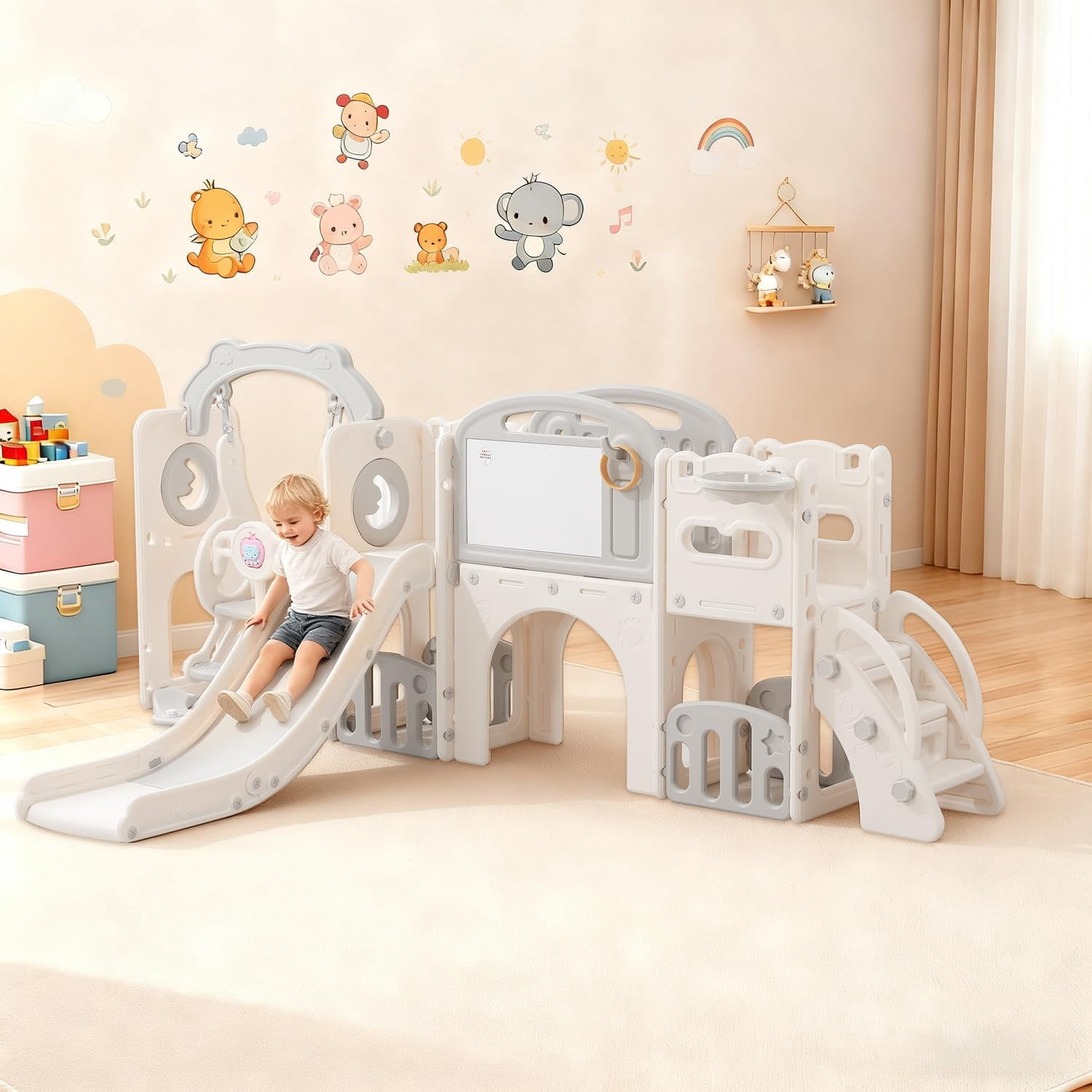12-in-1 Toddler Playset with Slide & Swing - Freestanding Indoor/Outdoor Climber, Crawl Tunnel for 1-6 Year Olds, Safe Baby Playground