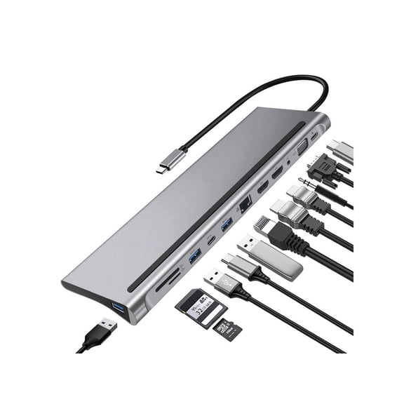 12 in 1 USB C Type Hub Adapter, Multi Port Triple Display Dongle Type-C to Dual HDMI, VGA, USB 3.0, PD Charging, SD/TF Card Reader, Gigabit Ethernet