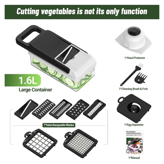 12-in-1 Vegetable Chopper, 7 Blades Veggie Chopper with Container and Lid, Dicer, Slicer, Multifunctional Kitchen Gadgets, Vegetable Cutter with Handle, Onion Cutter(Black/White)