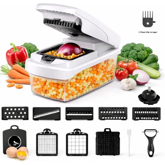 12-in-1 Vegetable Chopper with Container  Mandoline Slicer, Onion Chopper, Food Chopper, Cheese Grater & French Fry Cutter  Multifunctional Kitchen Gadget with 8 Blades, Egg Separator & Peeler