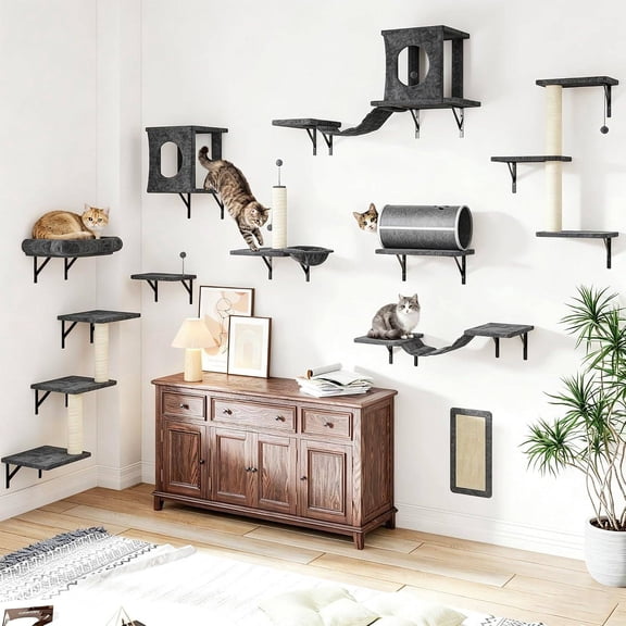 12-in-1 Wall-Mounted Cat Shelves  Modular Climbing System with Condo, Bridge, Scratching Board & More