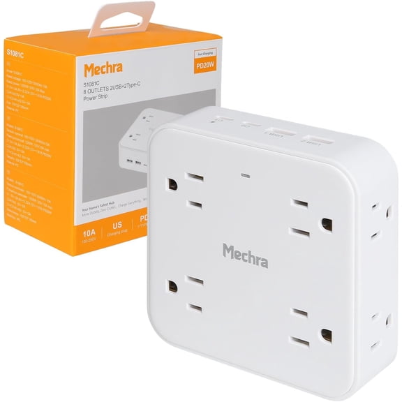 12-in-1 Wall Outlet Extender with Surge Protector, 8 Widely Spaced AC Outlets and 4 USB Ports (20W PD USB-C), 3-Sided Multi Plug Power Strip with Overload Switch for Home, Office, Dorm