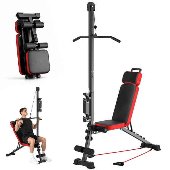 12-in-1 Weight Bench with Pulley System, Adjustable Backrest and Headrest, 660 lb Capacity, Folding Home Gym Equipment, Black