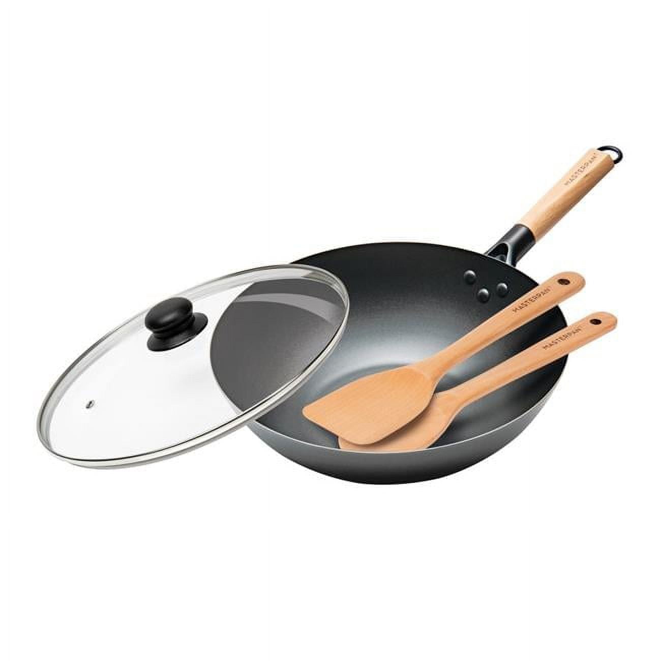 12-Inch Non-Stick Carbon Steel Wok with Glass Lid and Wooden Utensils
