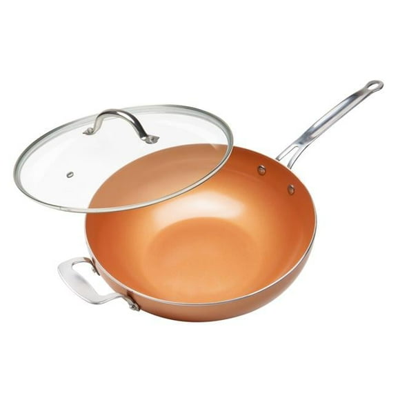 12 in. Chefs Wok & Glass Lid, Copper Color Ceramic Non-Stick Coating