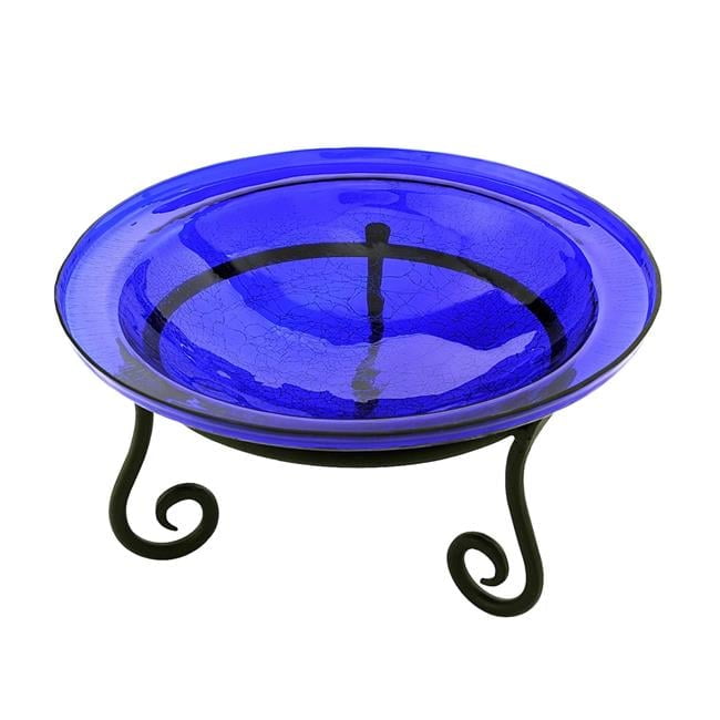 12 in. Cobalt Blue Crackle Birdbath with Short Stand