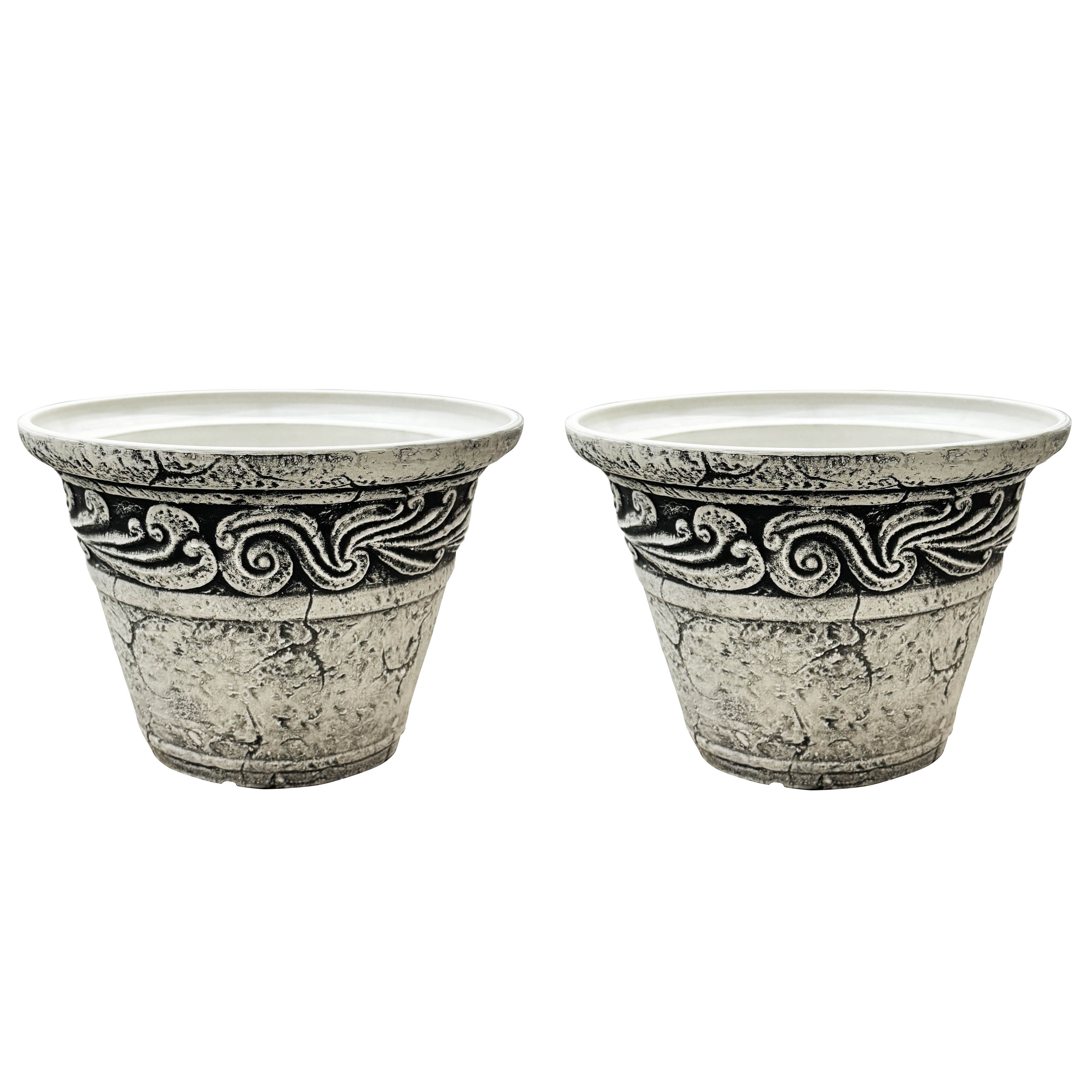 12 in. Dia Two-piece Set Of Classical Relief Flower Pots for Indoor/Outdoor Plants (Set of 2) in Black&White